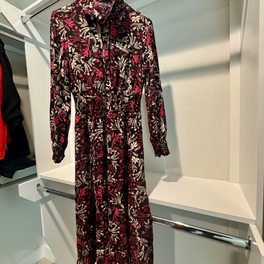 Floral Long Sleeve Midi Dress – Black/Red